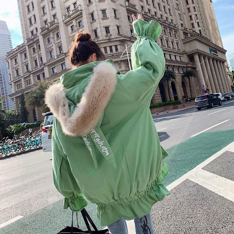 Winter Ruffled Thickened Women's Cotton-padded Jacket Mid-length Fur Collar Hooded Cute Rabbit Ears Cotton-padded Jacket Fashion Warmth Parka Coat