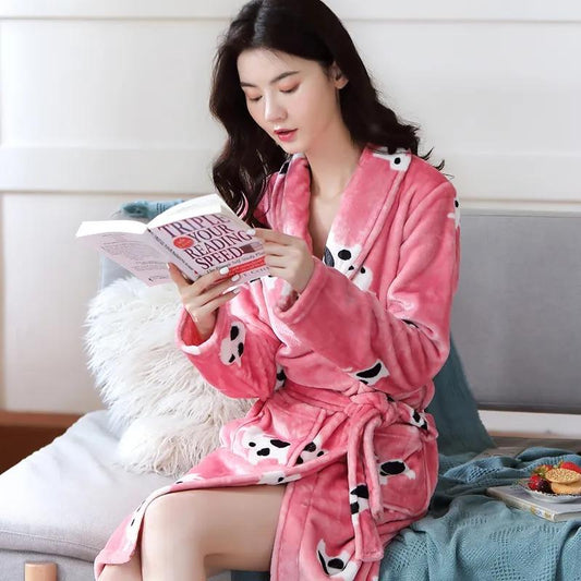 Women's Autumn Winter Coral Fleece Nightgown Mid-length Flannel Bathrobe Solid Color Printing Pocket Belted Dressing Gown Long Sleeves Thick Warm Robe