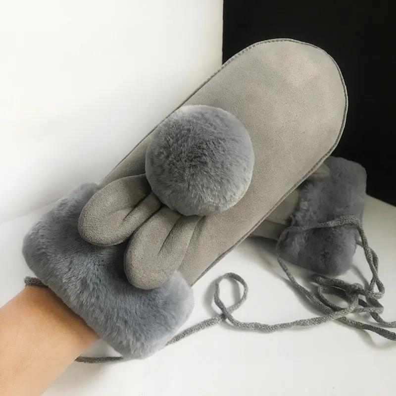 Gloves Winter Korean Cute Suede Linking Necklace Cycling and Velvet Warm Cotton Gloves Rabbit Ears and Velvet Gloves