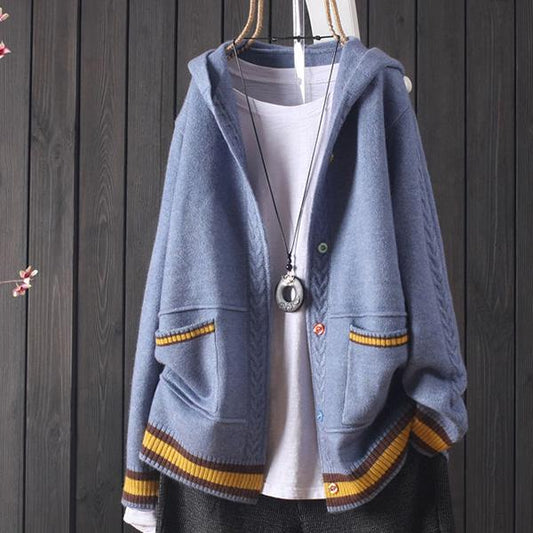 Women's Splicing Color Long-sleeved Sweater Early Autumn Hooded Knitted Cardigan Loose Button V-neck Top All-match