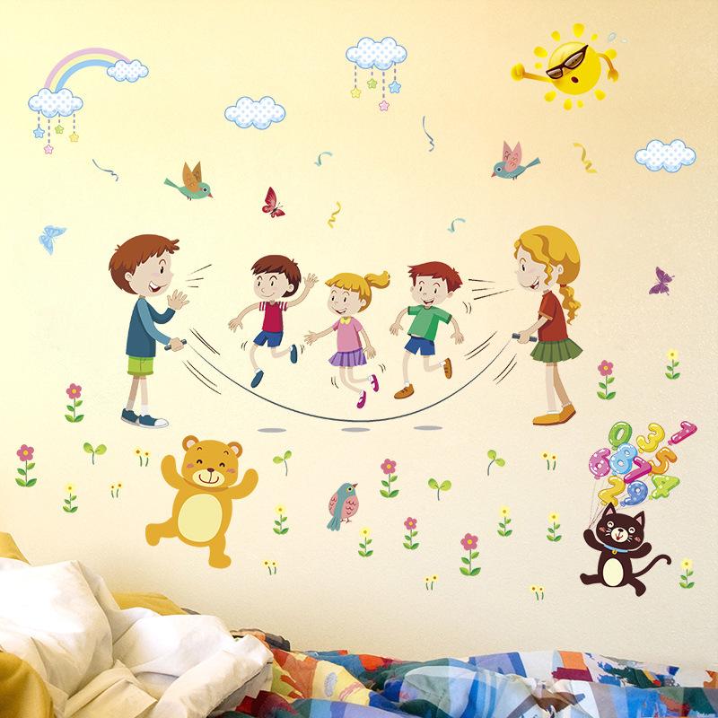 Happy jumping rope kindergarten background decorative wall stickers childhood wallpaper