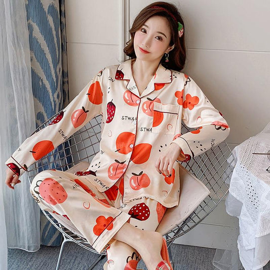 Pajamas Women Spring and Autumn Ice Silk Long-sleeved Autumn and Winter Sexy Ladies Thin Artificial Silk Pajamas Home Service Suit Casual Home Service