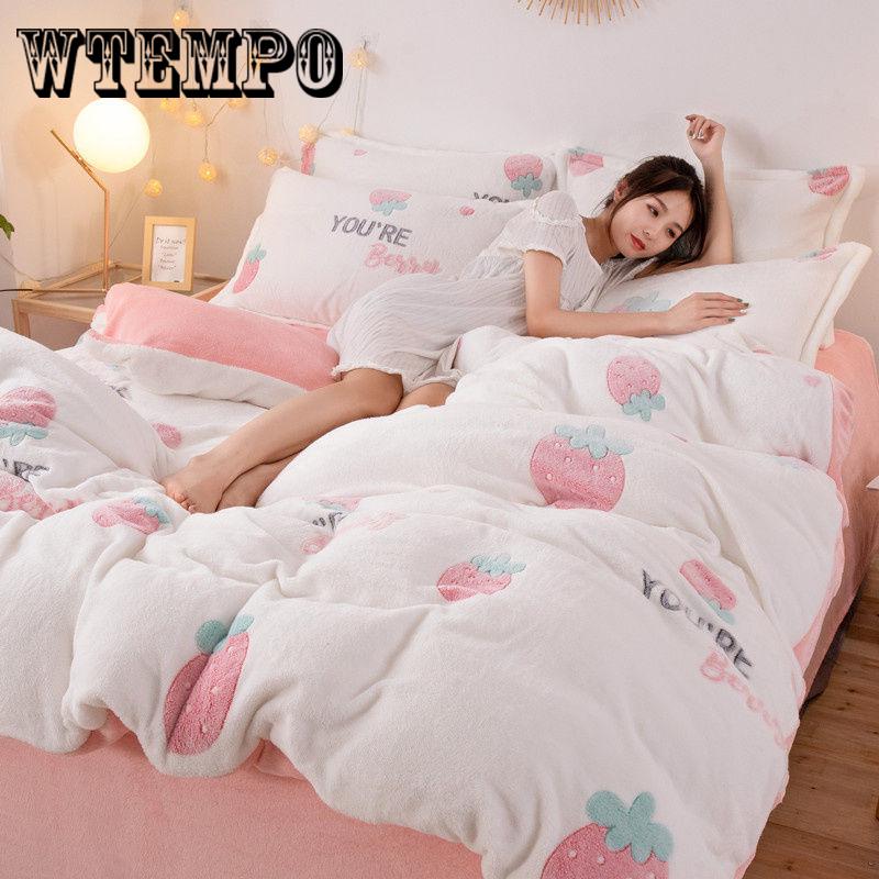 Crystal Flannel Bedding Set Winter Warm Fleece Duvet Cover Set Bed Sheet Queen King Size