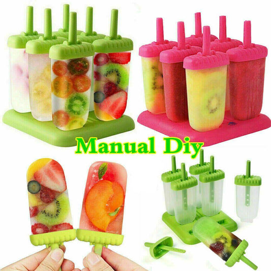 6/12pcs DIY Ice Cream Popsicle Mould +Silicone Tray Dessert Summer Icebox Lolly Mould