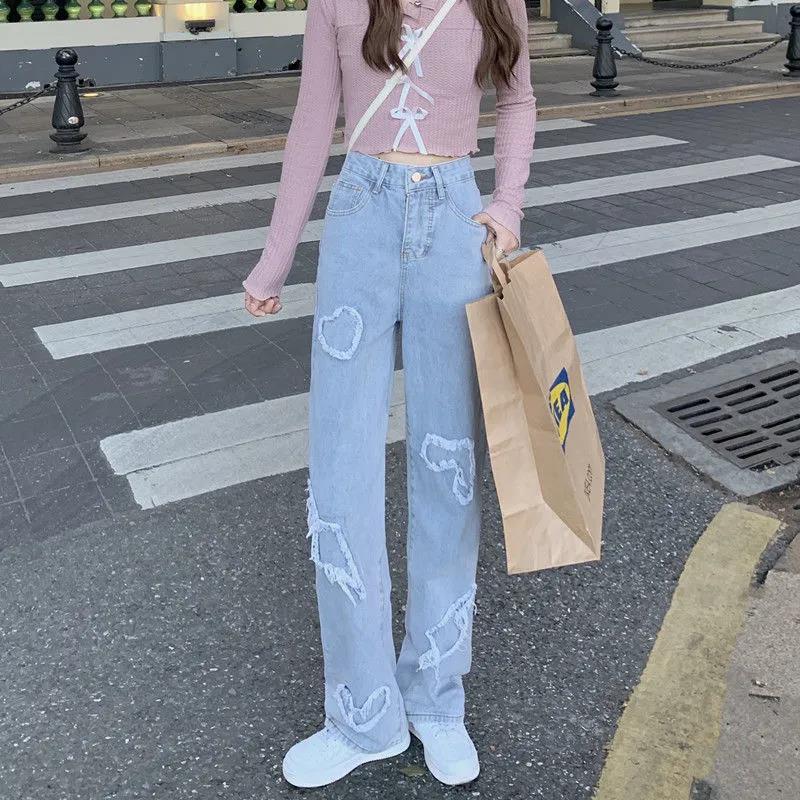 Retro Patch Jeans Female Autumn High Street VIBE Wind Wild Display Thin Vertical Straight Wide Leg Pants
