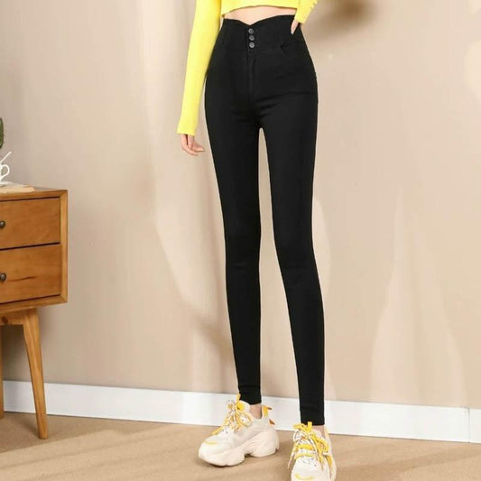 High-waist Three-button Stretch and Velvet Slimming Trousers Women's Tight-fitting Slimming and Long Plus Size Small Black Pants