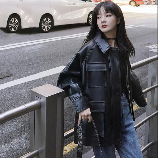 Autumn and Winter Leather Jacket Retro Loose Motorcycle Jacket Plus Velvet Thickening Mid-length Women's Leather Jacket