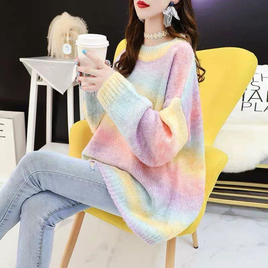 Autumn Sweet Knitted Top Rainbow Striped Pullover Sweater Oversized Loose Bottoming Shirt