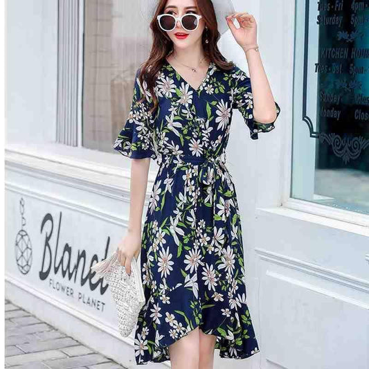 Summer Cotton Drawstring Dress Medium-length Floral Dress Belt Flare Sleeve Irregular Dress