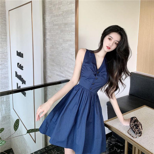 Female Simple Elegant Slim Dress Summer Vintage Sleeveless V-neck Graceful Party A-line Dress