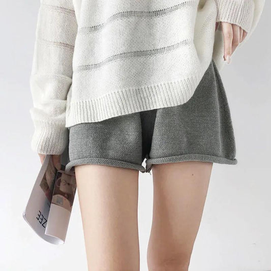 Autumn and Winter Models of Solid Color All-match Curled Elastic High Waist Wide-leg Knitted Temperament Casual Shorts Women's Loose Outer Wear
