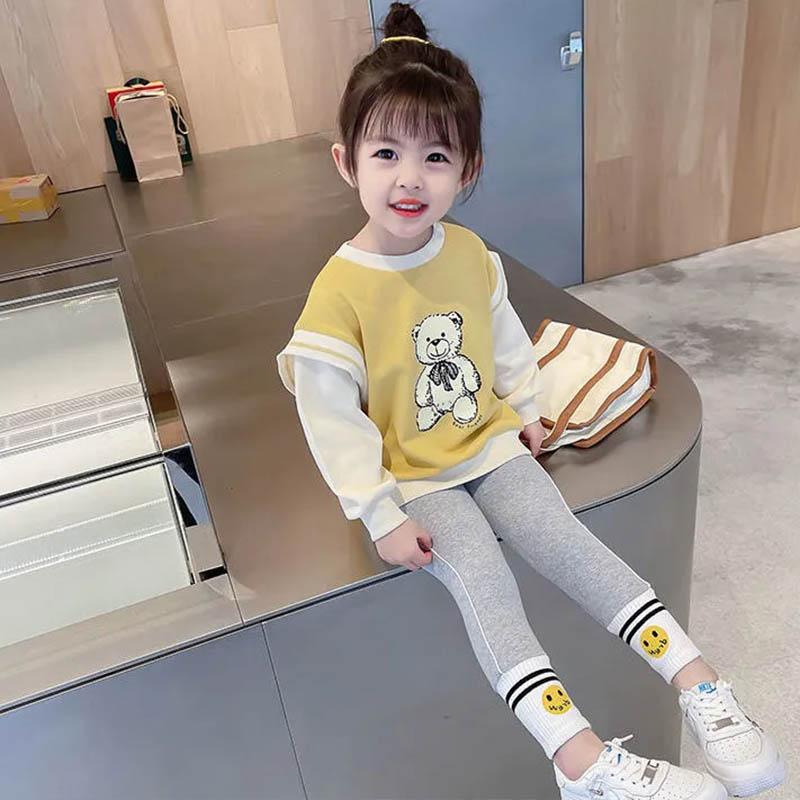 Girls Spring and Autumn Cute Two-piece Long Sleeve Soft Print Solid Color Sweater + Gray Leggings Casual Style Sports Children's Suit