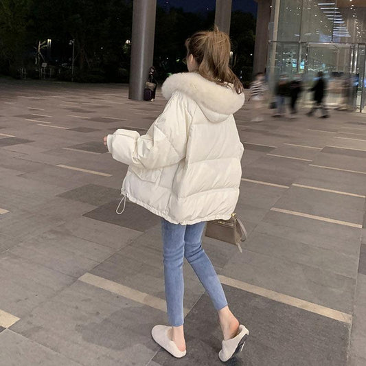 Hooded Big Fur Collar Short Lightweight Cotton Jacket Women Winter Loose Bread Jacket Thickened Warm Winter Cotton Jacket Thickened Jacket