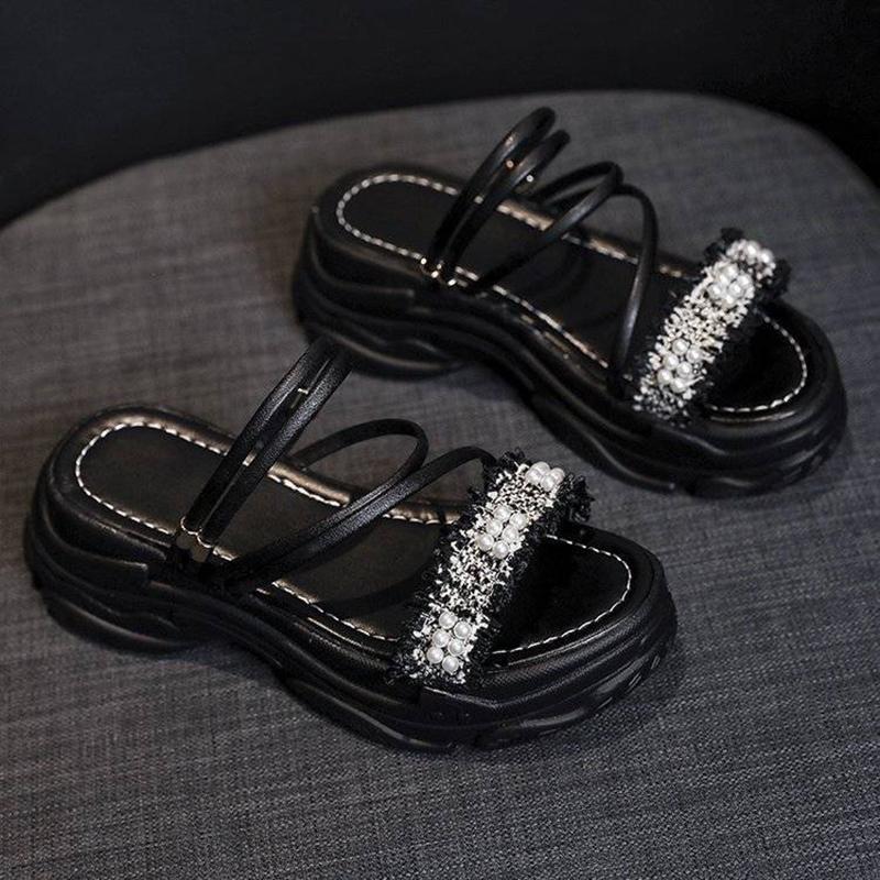 Two Wear Sandals Women's All-match Thick Bottom Heightening Light and Comfortable Outer Wear Sandals and Slippers Pearl Decoration