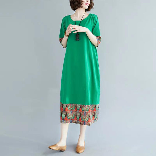 Summer Ethnic Style Print Short-sleeved Dress Large Size Loose Mid-length Dress Women