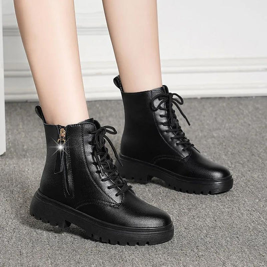 Martin Boots Women's Shoes Side Zipper Laces Outer Wear Student Short Tube Plus Velvet British Style Cotton Shoes Women Winter