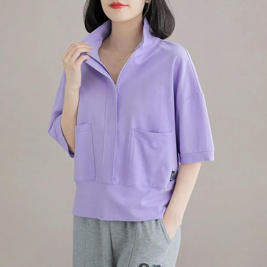 Short-sleeved Sweater Women's Summer Cotton T-shirt Loose and Thin All-match Casual Collar Top
