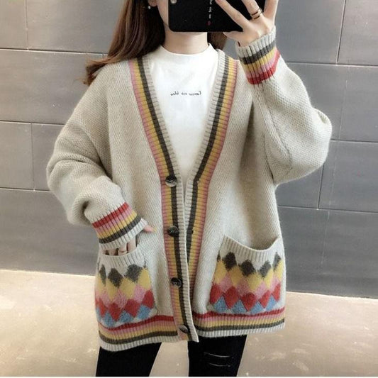 Women Cardigan Autumn Winter Knitting Printed Open Stitch Sweaters Casual Women Knitted Jackets Loose Cardigans