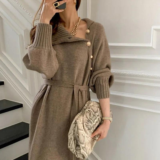 Women Autumn and Winter French Warm Elegant Long-sleeved Lace-up Sweater Base Dress