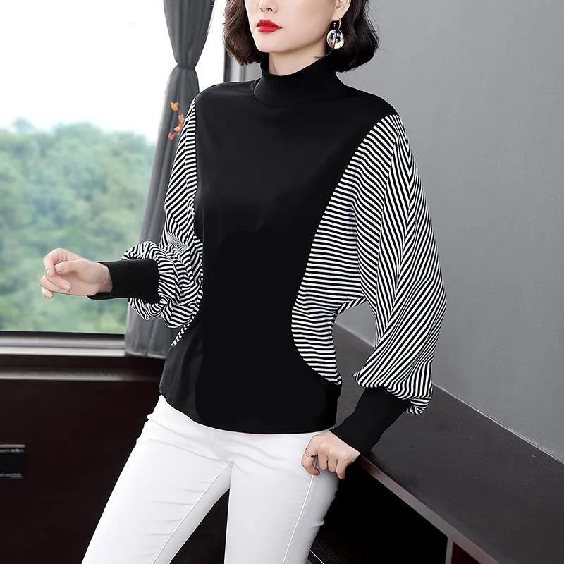 Women's Autumn Large Size Casual Striped Top Female High Neck Trumpet Sleeve Elegant Long Sleeve Top