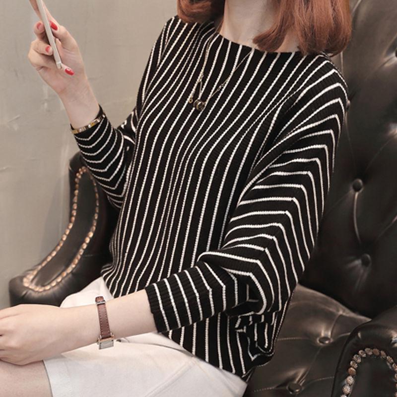 Vertical Stripes Bat Sleeve Loose Sweater One-neck Knitted Bottoming Shirt Spring and Autumn All-match Fashion Top Women