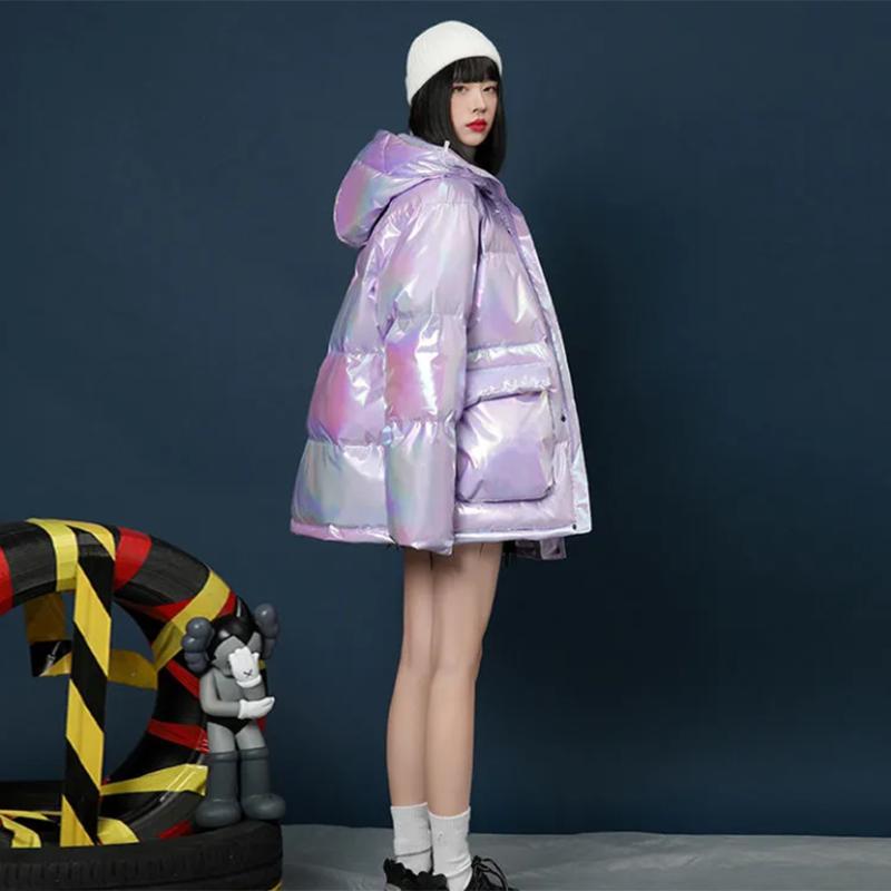 Women's Bright Face Hooded Down Jacket Regular Korean Loose Thick Coat Warm Cotton Coat Large Wool Collar Winter Quilted Coat
