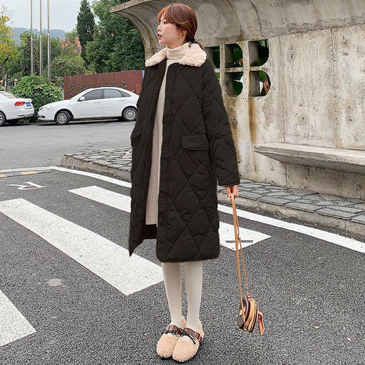 Lingge Lamb Fur Collar Cotton Jacket Women Winter Loose Mid-length Large Size Cotton Jacket Jacket Winter Thick Warmth Without Hood Cotton Jacket