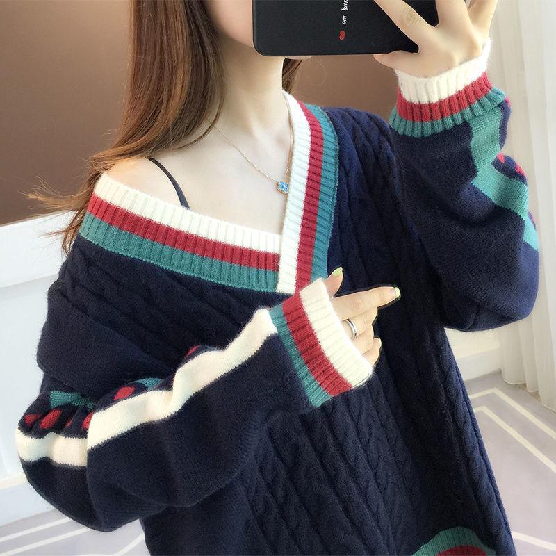 Autumn Japanese Sweater V-neck Fashion Casual Jacket Knitted Striped Youth Women's Top