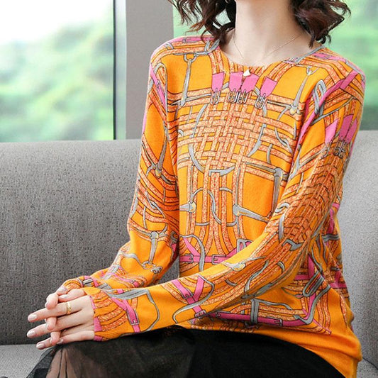 Plus Size Women Woollen Sweater Printed Knitted Pullover Sweaters O-Neck Loose Warm Jumper Outwear