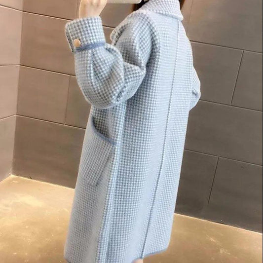 Mink Velvet Mid-length Coat Women's Autumn and Winter Knitted Cardigan Loose Plaid Coat