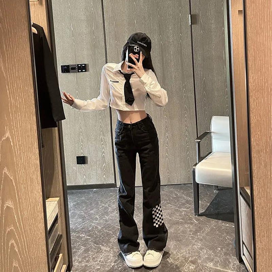 Autumn and Winter Embroidery Chessboard Grain Legs Full Points Must Be Slopes High Waist Slim Straight Micro-jeans Women