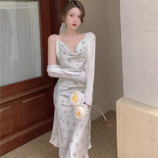 Female Vintage Slim Casual Elegant Holiday Dress Floral Print Backless Graceful Suspender Party Dress