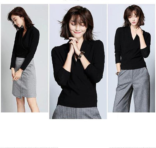 Autumn and Winter V-neck Crossover Ladies Sweater Elegant Temperament Gentle Knit Sweater Wear All-match Waist Casual Loose Shirt