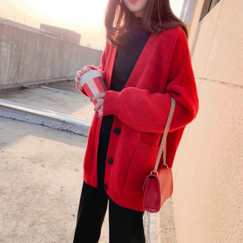 Women's Sweater Coat Loose V-neck Long-sleeved Cardigan Solid Color Sweater with Buttons