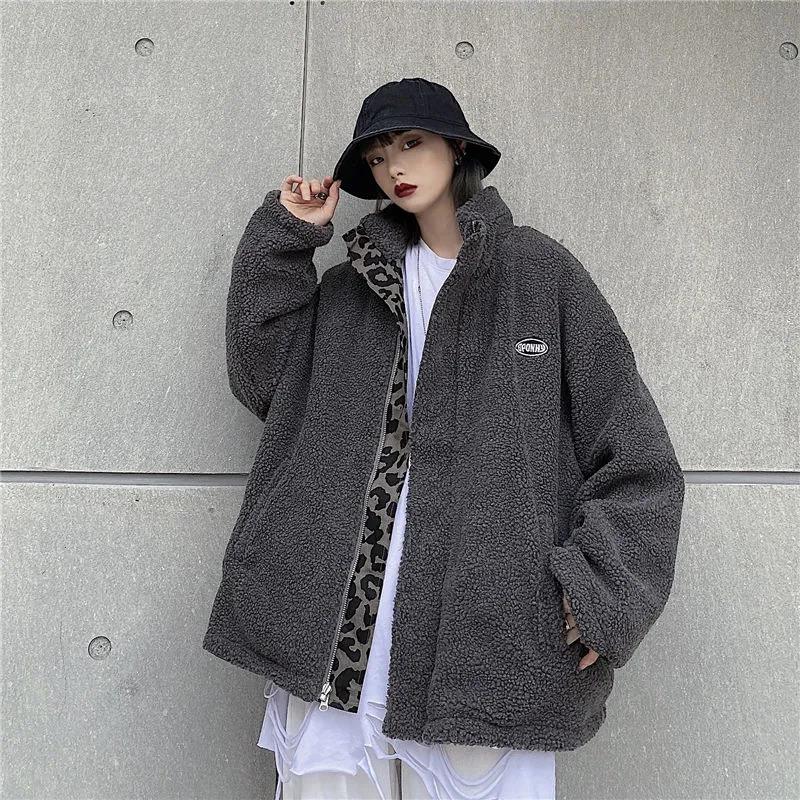 Leopard Print Double-sided Polar Fleece Jacket Winter Korean Version of The Loose High Collar Mid-length Lamb Velvet Jacket Suitable for Young Women