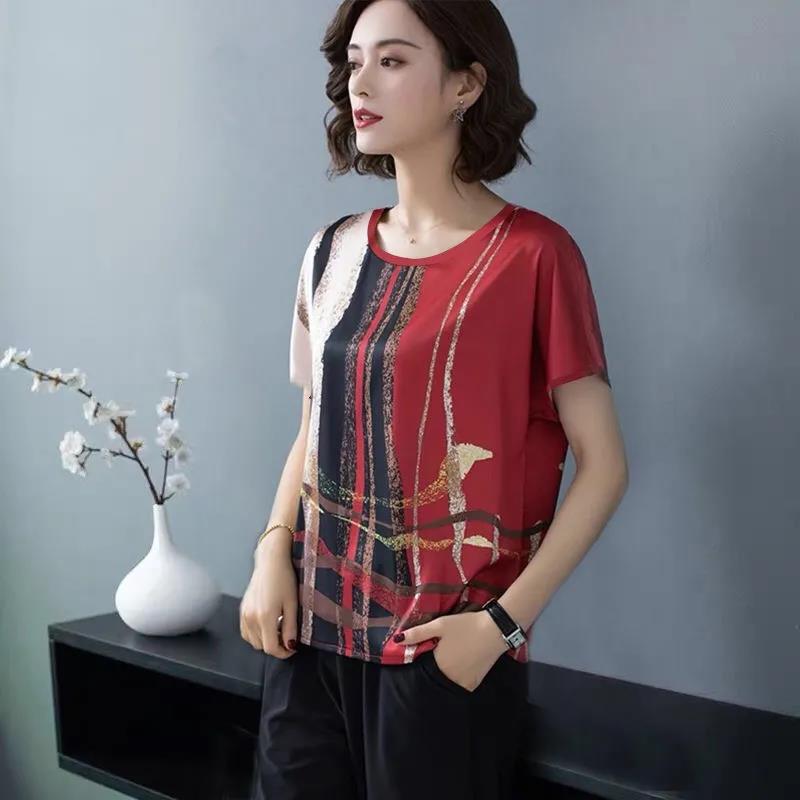 Summer Ice Silk Positioning Printing Round Neck T-shirt Women's Plus Size Women's Loose Slimming Top Bottoming Shirt