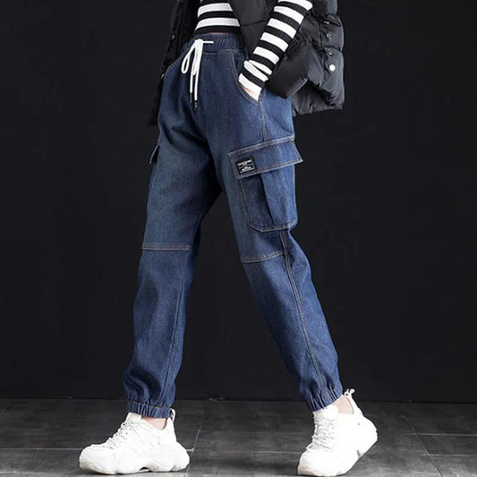 WTEMPO Harem Pants Plus Size Elastic Waist Women's Jeans Loose Wide Leg Straight Denim Big Pocket Trousers