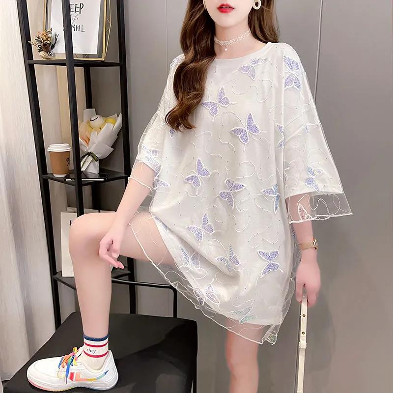 Butterfly Embroidery Veil Women Dress Girl Loose O-Neck Loose Short Sleeve Casual Long T-shirt Dress
