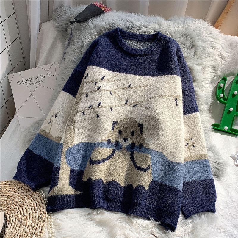 Autumn Winter Women Fashion Sweater Casual Knitting Sweater Jacquard Round Neck Pullovers Loose Casual Long Sleeve Sweater