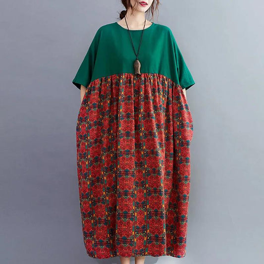 Women's Round Neck Half Sleeve Dress Retro Fashion Floral Print Cotton Long Dress