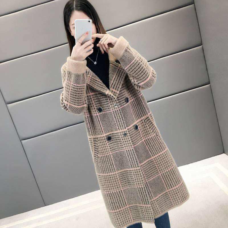 Mid-length Imitation Mink Velvet Coat Korean Loose Thick Woolen Plaid Cardigan Women's Coat