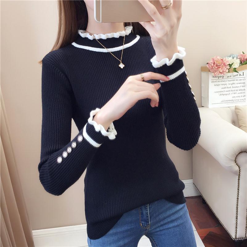 Autumn and Winter Slim-fit Padded Top Ruffled Long-sleeved Sweater All-match Base Sweater