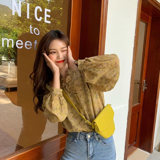 Korean Ladies Ladies Chiffon Floral Long Sleeve Shirts Women Long Sleeve Shirts