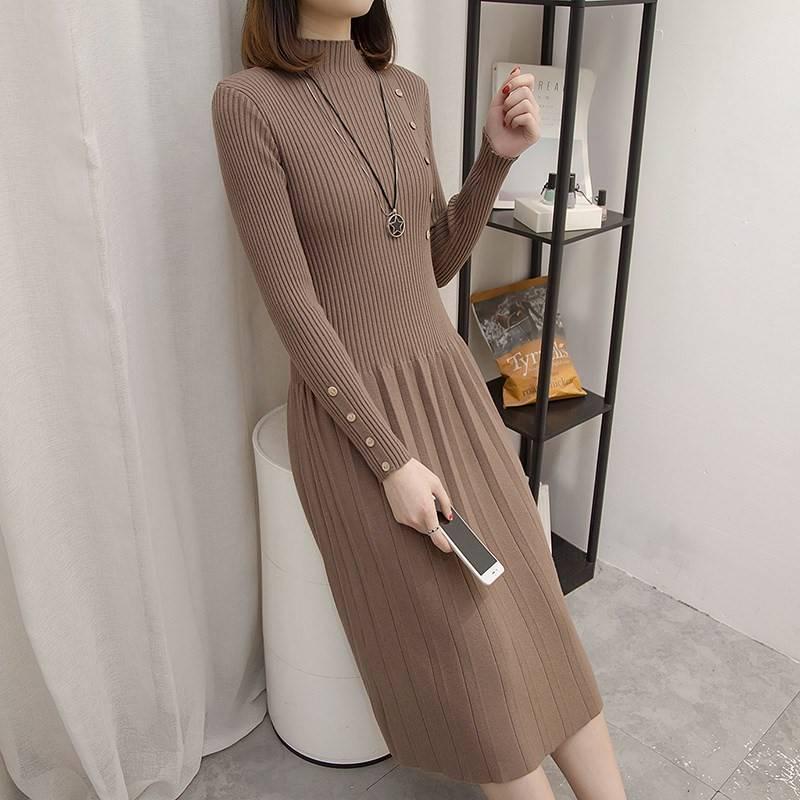 Knitted Dress Mid-length Long-sleeved Round Neck Loose Sweater Women's Knee-length Undershirt