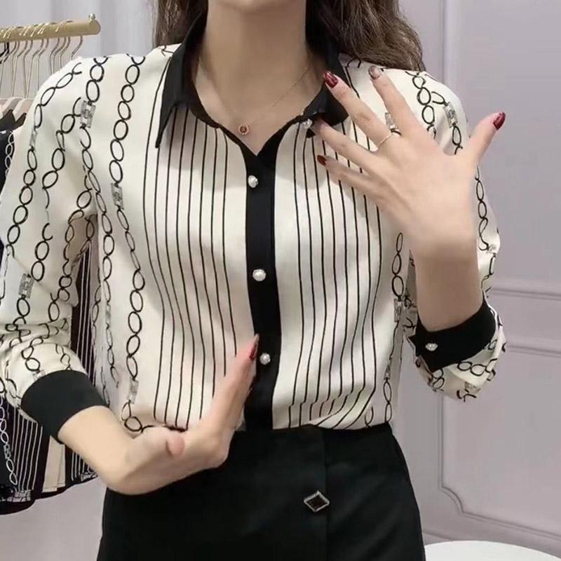 Chiffon Shirt Ladies Spring/Summer Long Sleeve Simple Striped Loose Top Printed Shirt