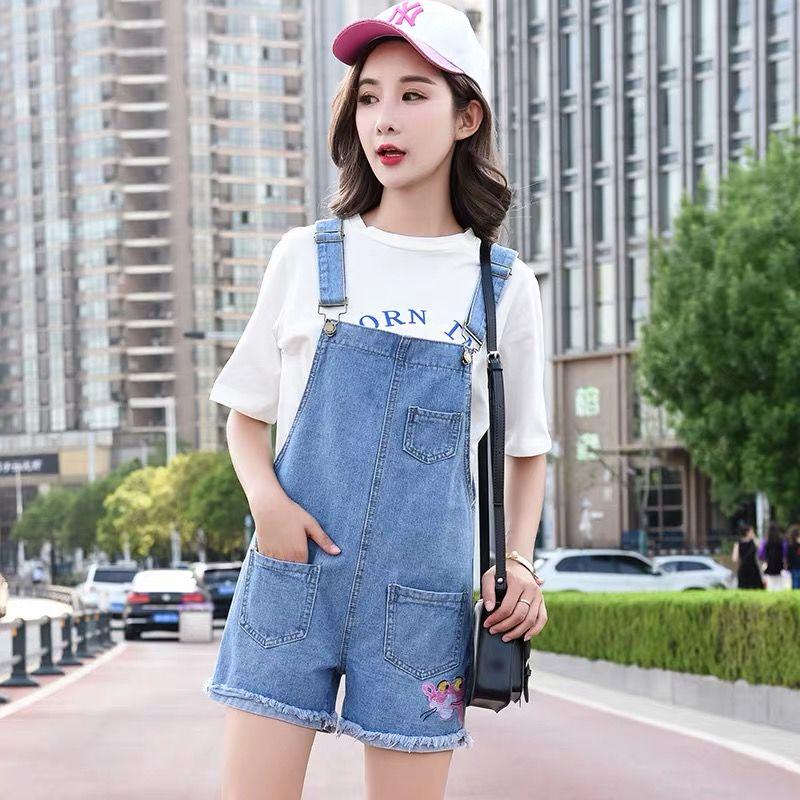 WTEMPO Summer Denim Strap Shorts Female Students New Loose Thin Embroidery Pink Leopard Strap Shorts