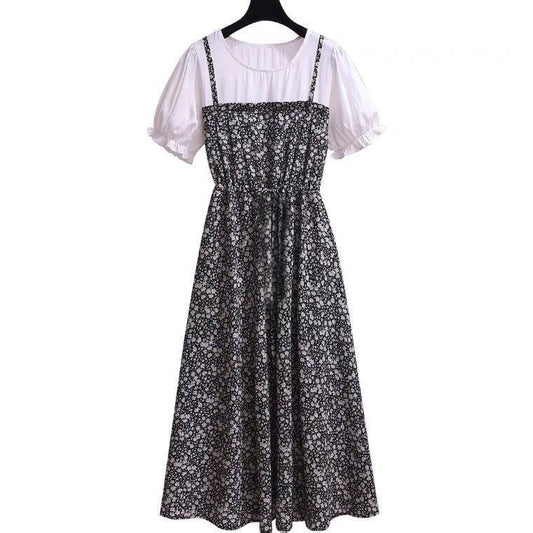 Women Summer Vintage High Waist Short Sleeve Casual Dress Elegant Patchwork Slim Floral Print Pleated Dress