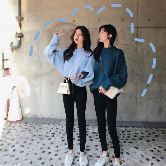 Girly ThickenLoos e Skin-friendly Sweater Loose Solid Color Crew Neck Bottoming KnitwearTop