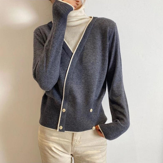 Color-blocking Turtleneck Sweater Women Autumn and Winter Piled Pile Collar Loose Wild Western Fake Two-piece Knitted Bottoming Shirt