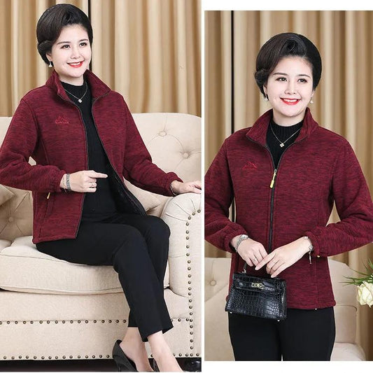 Middle-aged Elderly Women's Polar Fleece Sports Jacket Spring and Autumn Stand Collar Loose Outdoor Casual Sweatshirt Fleece Solid Color Short Top